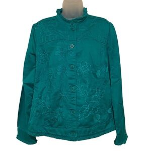 Chico’s Linen Blend Floral Embroidery Jacket Amazon Green Size 2